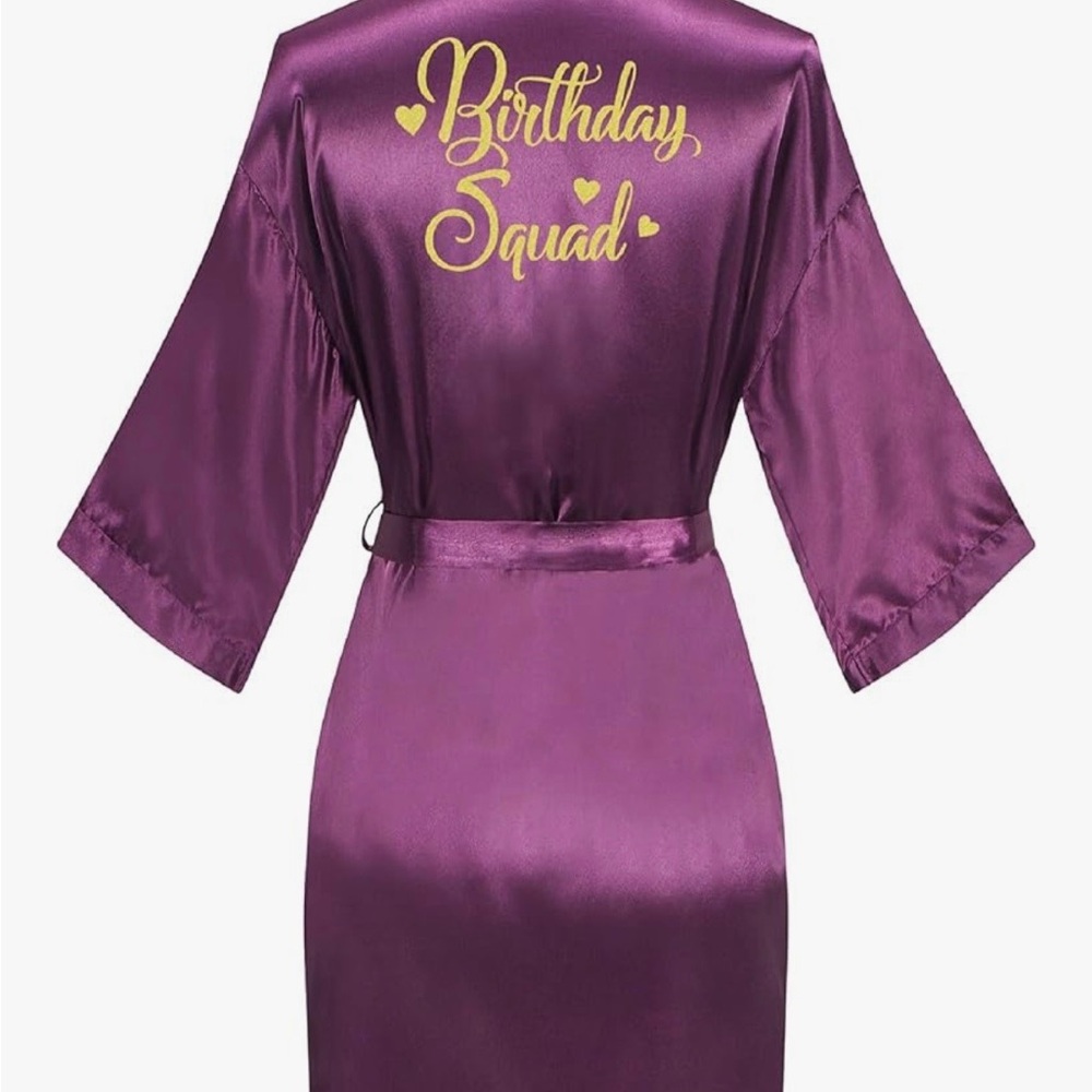 "Birthday Squad" Satin Robe in Deep Plum with Gold Script